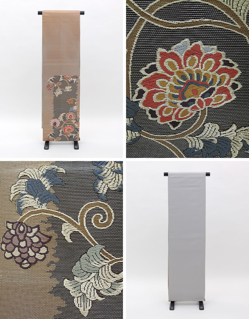 《フォーマル衣装》販売 クラレナの 渋金 黒に唐花 正絹袋帯 (KA447)(USED品)【中古】【和装】【着物】【女性】【帯】