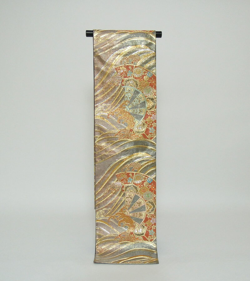 《フォーマル衣装》販売 クラレナの 金 銀 赤茶色 波 片輪車 正絹袋帯 (ka047) (USED品)【中古】【和装】【着物】【女性】【帯】