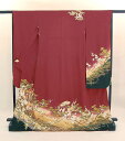 《ブラックフライデークーポンで500円-27,000円OFF》販売 クラレナの エンジ色に松・梅・扇・山鉾正絹 振袖 着物 (KA486)(USED品)【中古】...