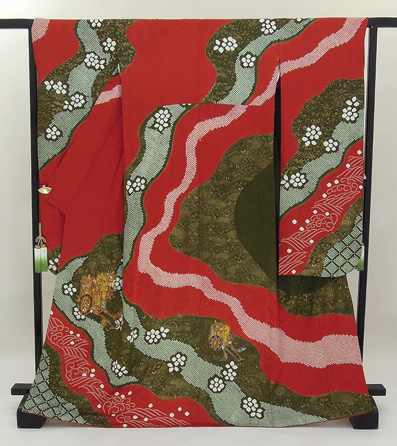《ブラックフライデークーポンで500円-27,000円OFF》販売 クラレナの エンジ色+深緑に梅・波・御所車 正絹 中振袖 (KA625)(中古)(リサイクル...