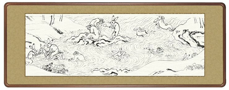 【メーカー直送】 三幸 額 鳥獣戯画 甲巻抜粋1 隅丸 124×48cm H21-1308 白描画 墨絵 日本最古の漫画 兔 猿 鹿 うさぎ さる しか