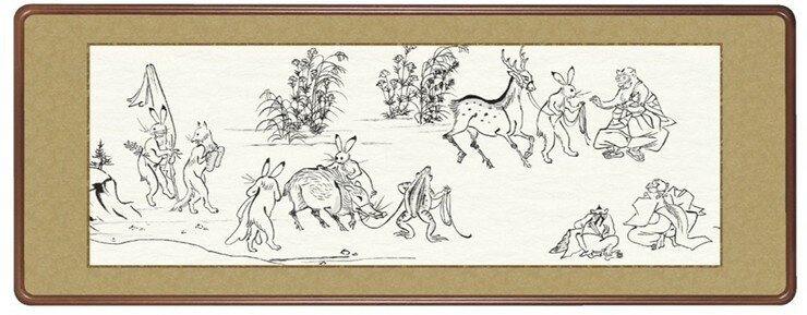 Flowers and Birds - 【メーカー直送】 三幸 額 鳥獣戯画 甲巻抜粋4 隅丸 124×48cm H21-1311 白描画 墨絵 日本最古の漫画 兔 蛙 猿 狐 うさぎ かえる さる きつね
