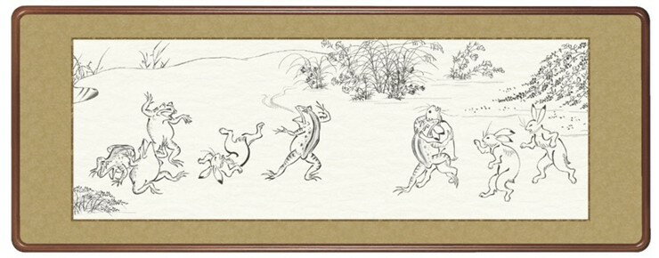 Flowers and Birds - 【メーカー直送】 三幸 額 鳥獣戯画 甲巻抜粋6 隅丸 124×48cm H21-1313 白描画 墨絵 日本最古の漫画 兔 蛙 うさぎ かえる