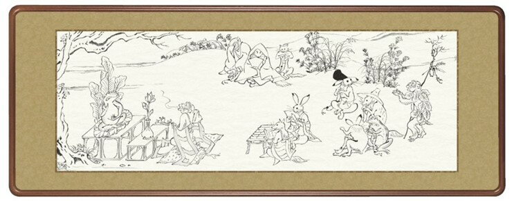 花鳥 - 【メーカー直送】 三幸 額 鳥獣戯画 甲巻抜粋7 隅丸 124×48cm H21-1314 白描画 墨絵 日本最古の漫画 兔 蛙 猿 狐 うさぎ かえる さる きつね