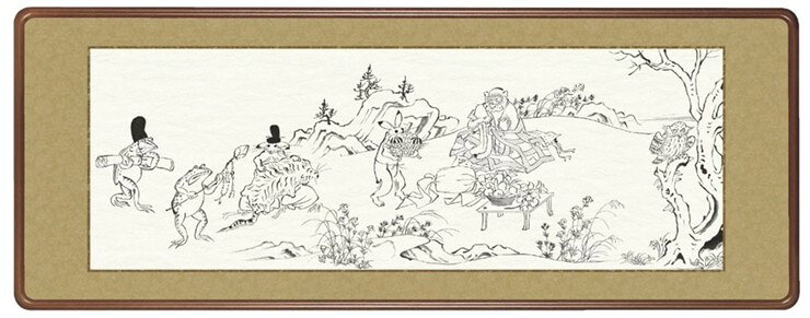 Flowers and Birds - 【メーカー直送】 三幸 額 鳥獣戯画 甲巻抜粋8 隅丸 124×48cm H21-1315 白描画 墨絵 日本最古の漫画 兔 蛙 猿 うさぎ かえる さる