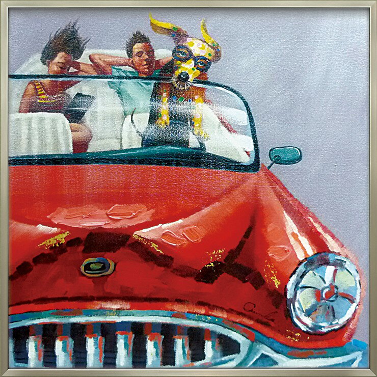 絵画 版画 額縁 おしゃれ オイルペイントアート「ドッグ ドライブ」 OP-25046