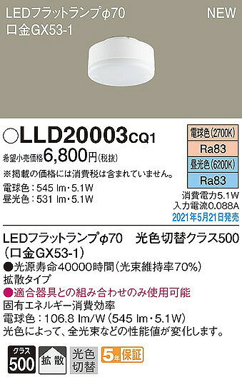 パナソニック LEDフラットランプ クラス500 φ70 LED（光色切替） 電球色・昼光色 拡散 (GX53-1) LLD20003CQ1 2