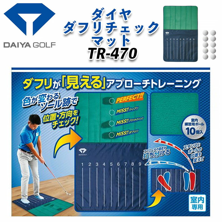 DAIYA GOLF DAIYA DUFF CHECK MAT TR-470 ダイヤダフリチェックマット TR-470 ダフリが「見える」アプローチトレーリング 色が変わるソール跡で位置・方向をチェック! クラブが入った位置を色で教える室内用アプローチ練習マットです。スタンス幅の目安となるアシストライン入りです。 【商品特長】 ■クラブのソール跡がはっきり見える 打ったときに、クラブのフェース跡が付く生地を採用し、練習時のダフり、トップなど様々なショットの確認に適しています。 ■スタンスの目安となるアシストライン付き スタンス幅の目安となるアシストライン付きで、いつでも同じスタンスで練習することができます。 ■マットと練習用ボールのセット 室内でも安全な練習用ボールが10個付いています。 【商品仕様】 ・品　名：ダイヤダフリチェックマット ・品　番：TR-470 ・素　材：ポリエステル、ポリウレタン ・本体寸法：縦約105cm×幅約65cm ・仕　様：右打ち専用 ・本体価格：5,500円（税込） ・JAN：4901948044339 ※写真と実際の商品とは細部や色合いが異なる場合がございます。 ※メーカーお取り寄せ商品になります。新製品の場合は、 メーカーの生産状況により、入荷が遅れる可能性がございます。 予めご了承下さい。 クリスマス バレンタイン プレゼント お正月 お歳暮 誕生日 お中元 記念日 入学 卒業 祝い 内祝い 就職 こどもの日 ボーナス 景品 父の日 母の日 敬老の日 アウトドア スポーツ用品