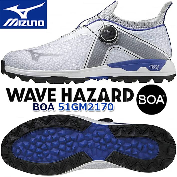 【セール/在庫最終処分/ミズノ】 ウエーブ ハザード ボア メンズ ゴルフシューズ WAVE HAZARD BOA MEN'S GOLF SHOES 51GM2170 24.5〜27.0,28.0,29.0cm ホワイト×ハザードブルー 3E相当/軽量/スパイクレス 【MIZUNO GOLF】 【日本正規品】【2021年秋冬モデル】