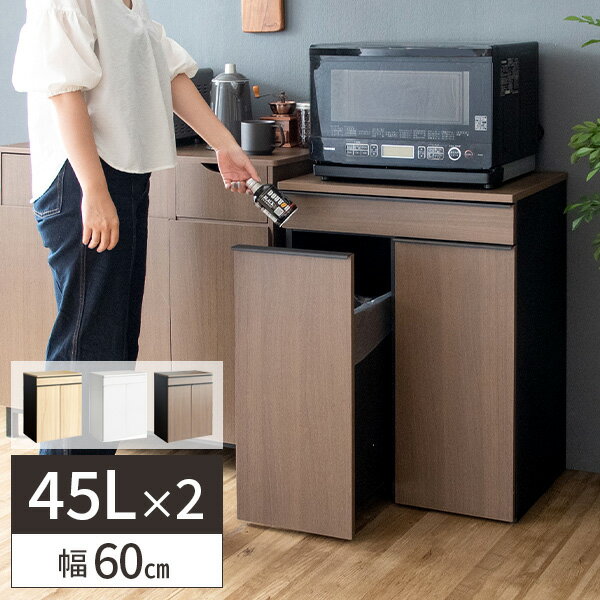ゴミ箱 45リットル ごみ箱 分別 45l キッチン おしゃれ ダストボックス 収納 レンジ台 2分別 リビング キャスター付き キッチンカウンター ふた付き 引き出し 北欧 2連 台所 横型 幅60cm 木 白 蓋つき 家具調 袋が見えない 茶 高さ80cm アンティーク 木製 ウッドのサムネイル
