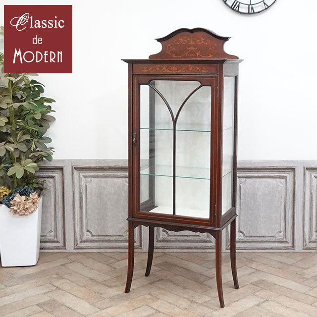 アンティーク キャビネット アンティーク家具 飾り棚 ショーケース ディスプレイ ホテル レストラン 邸宅 ロビー 店舗家具 什器 ヴィンテージ レトロ ビンテージ シャビー シャビーシック クロス張替済 お店 ガラスケース 1910年代 マホガニー イギリス 英国 antique80617