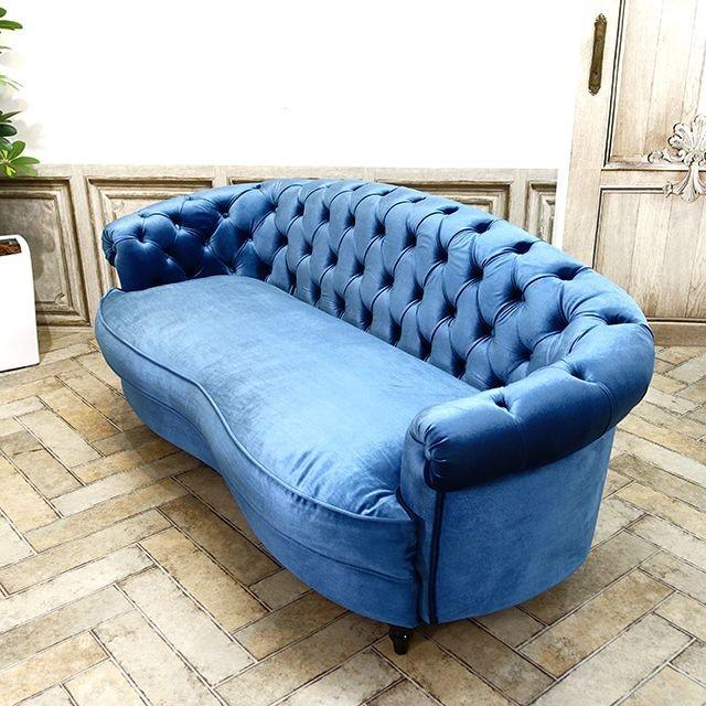 輸入家具 そふぁ ソファー Mousofa モーソファ 3人掛け 三人掛け 3人用 トリプルソファ アンティーク風 イギリス 英国 チェスターフィールド ビンテージ 姫系 家具 プリンセス ロマンチック 可愛い 椅子 什器 店舗 ホテル サロン ベルベット ブルー 青 NM3F92K [3]