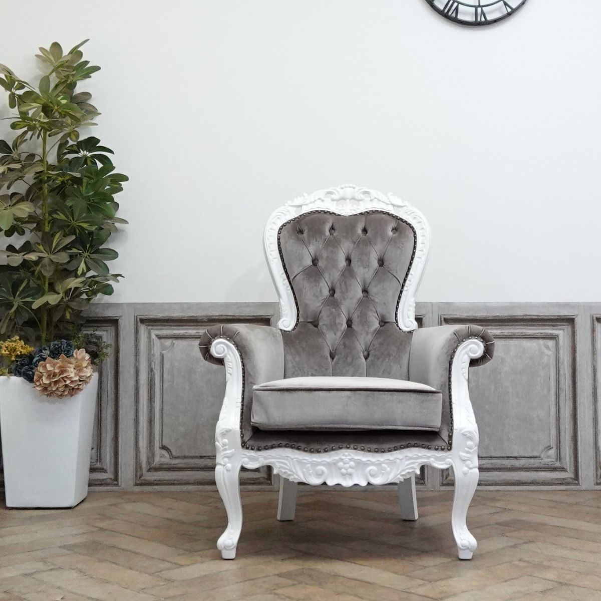 輸入家具 ラウンジ ソファ ヨーロッパ ソファー 一人掛け ソファ 1人掛け ロマンティック プリンセス ソファ 姫系 ソファー ヨーロピアン ソファ アンティーク ホテル レストラン リビング ソファ ロビー サロン 美容室 グレイッシュブラウン ベルベット 1013-18F37B