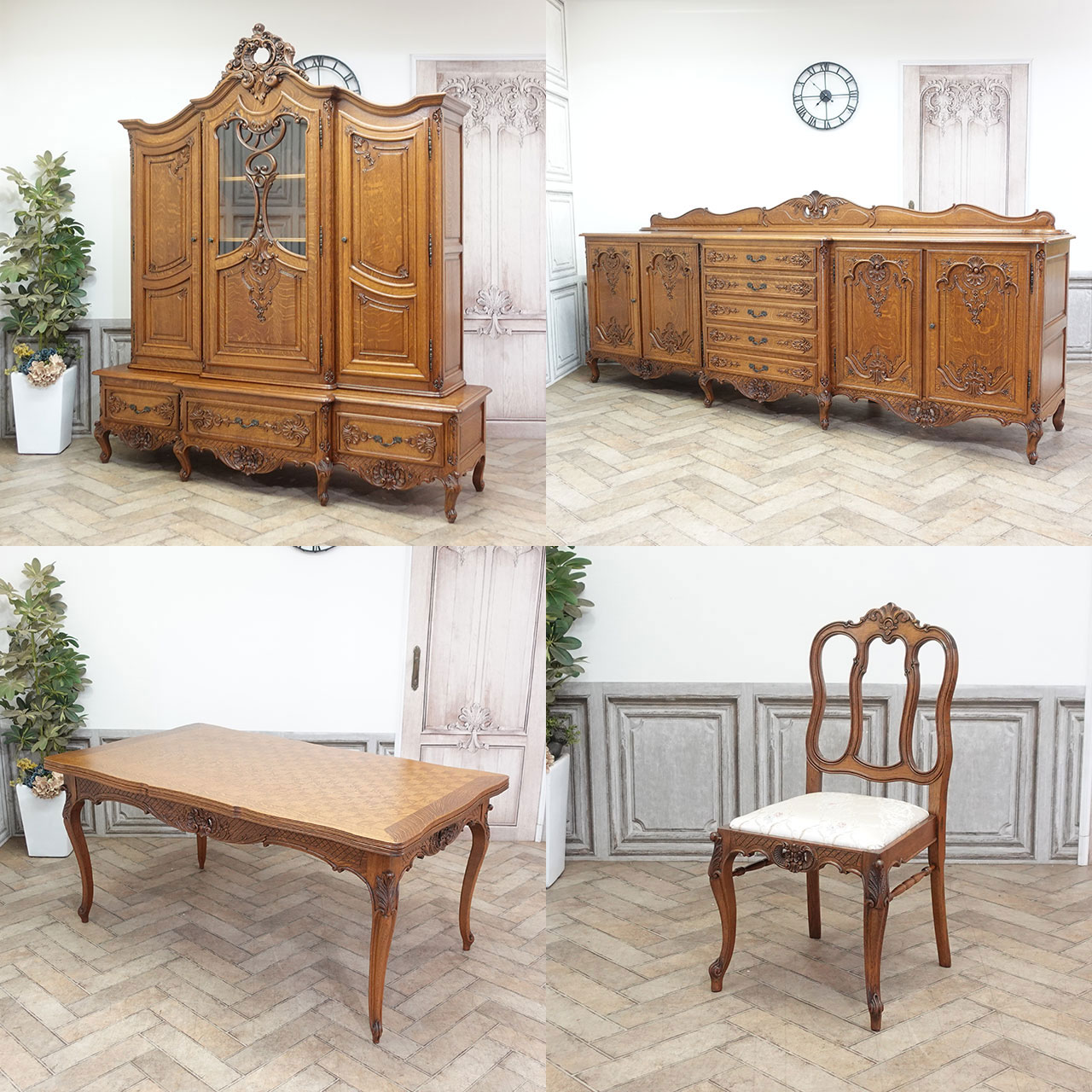 アンティーク ダイニングセット 猫脚 キャビネット サイドボード テーブル チェア アンティーク家具 ダイニング 食卓 ホテル レストラン シャビー レトロ ヴィンテージ ビンテージ 豪華 新生活 テーブルセット フランス 仏国 オーク 1930年 ダイニング9点セット antique65319 [2]