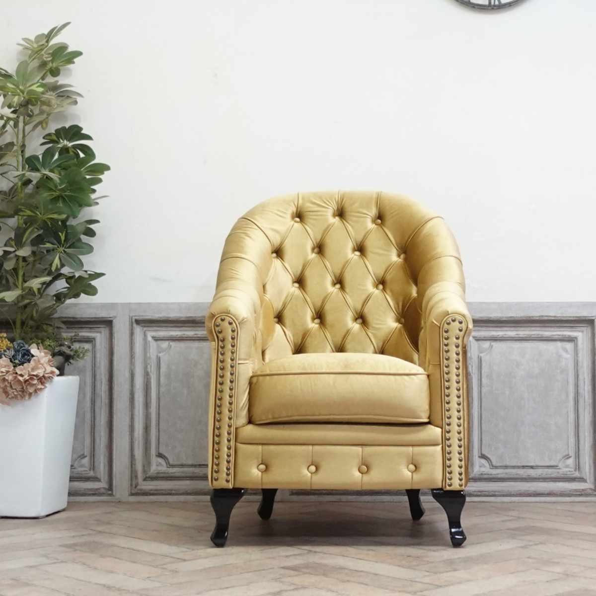 輸入家具 アンティーク ソファー そふぁ ヴィンセント ソファ タブチェア コンパクト 一人掛け 1シーター アンティーク シングルソファ チェスターフィールド ソファ 1人用 イギリス 英国 応接 リビング 書斎 オフィス ハイバック イエローゴールド ベルベット VA1F85K [2]