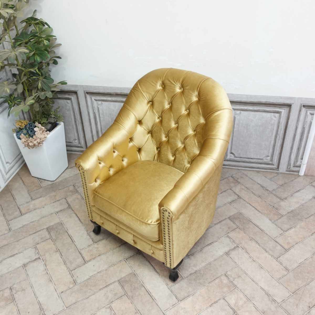 輸入家具 アンティーク ソファー そふぁ ヴィンセント ソファ タブチェア コンパクト 一人掛け 1シーター アンティーク シングルソファ チェスターフィールド ソファ 1人用 イギリス 英国 応接 リビング 書斎 オフィス ハイバック イエローゴールド ベルベット VA1F85K [3]