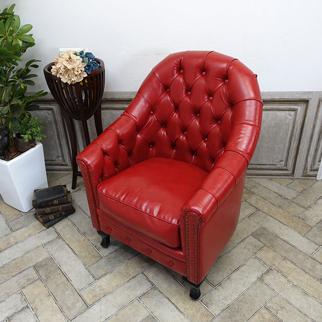 輸入家具 アンティーク ソファー そふぁ ヴィンセント ソファ タブチェア コンパクト 一人掛け 1シーター アンティーク シングルソファ チェスターフィールド ソファ 1人用 イギリス 英国 応接 リビング 書斎 オフィス ハイバック フェイクレザー 合皮 PU レッド 赤 VA1P63K [3]