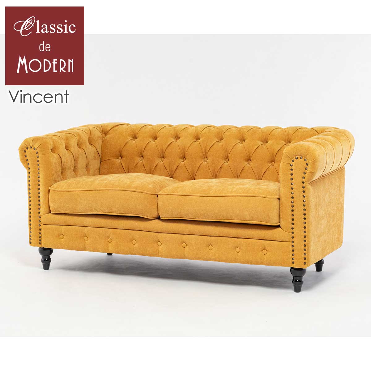輸入家具 アンティーク ソファ そふぁ ヴィンセント ソファ 2.5人掛け 二人用 イギリス 英国 ヴィンテージ レトロ アンティーク風 アンティーク調 チェスターフィールド ソファ ダブルソファホテル レストラン イエロー 黄色 ファブリック VC2.5F261K