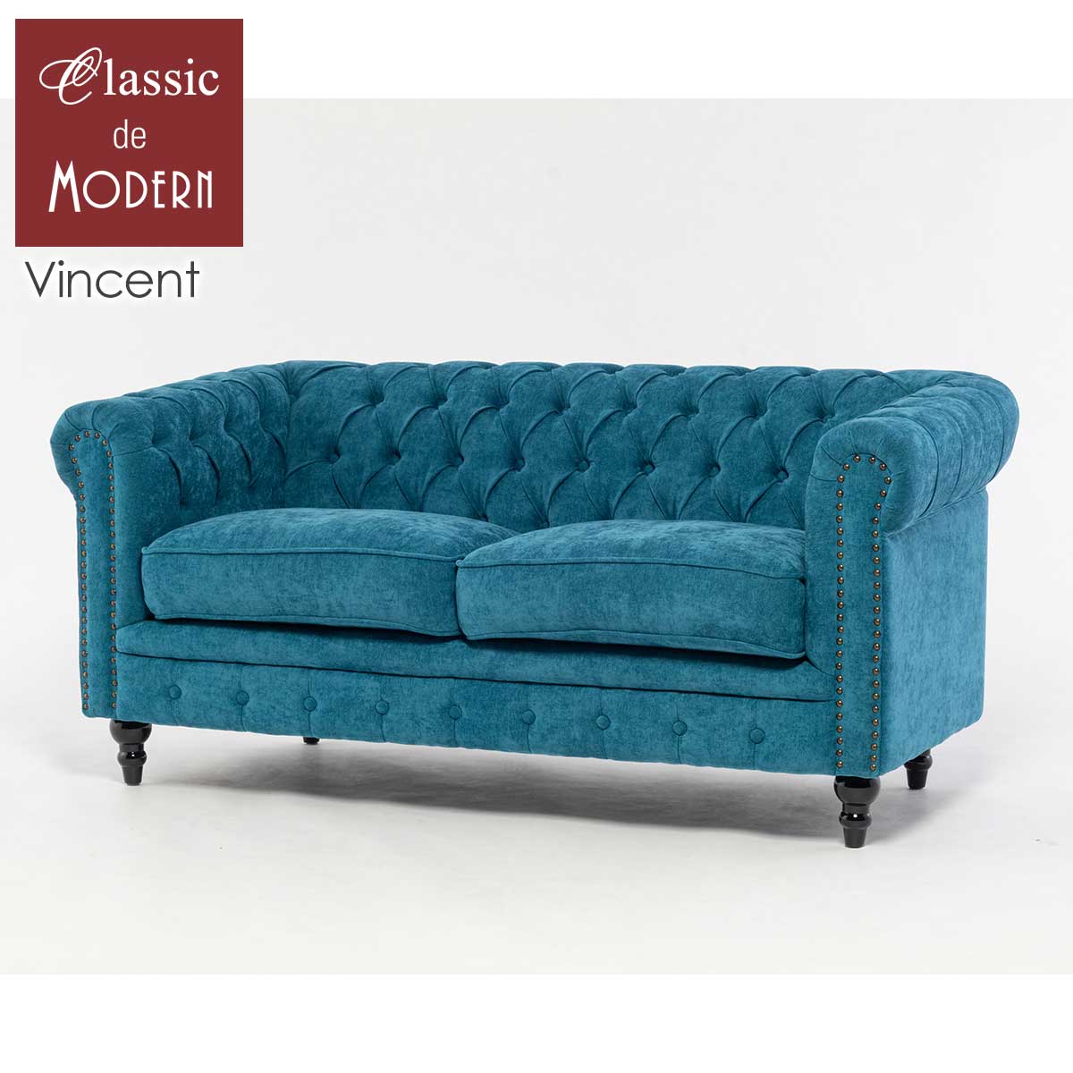 輸入家具 アンティーク ソファ そふぁ ヴィンセント ソファ 2.5人掛け 二人用 イギリス 英国 ヴィンテージ レトロ アンティーク風 アンティーク調 チェスターフィールド ソファ ダブルソファホテル レストラン ブルー ファブリック VC2.5F264K