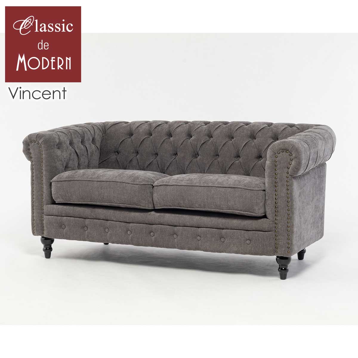 輸入家具 アンティーク ソファ そふぁ ヴィンセント ソファ 2.5人掛け 二人用 イギリス 英国 ヴィンテージ レトロ アンティーク風 アンティーク調 チェスターフィールド ソファ ダブルソファホテル レストラン グレー ファブリック VC2.5F265K