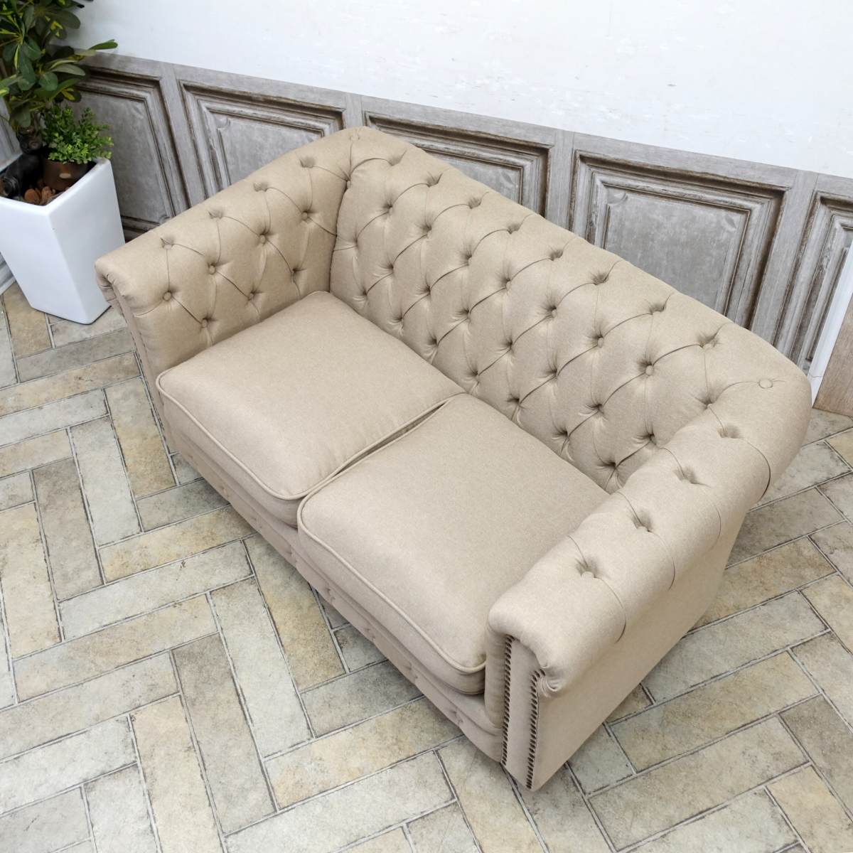輸入家具 チェスターフィールド ソファ 二人掛け デザイナーズ そふぁ ソファー ヴィンセント ソファ 2人掛け ダブルソファ チェスターフィールド ソファ VINCENT イギリス 英国 ヴィンテージ レトロ アンティーク リネン シャンペトルシャビー ベージュ VC2F53K [2]