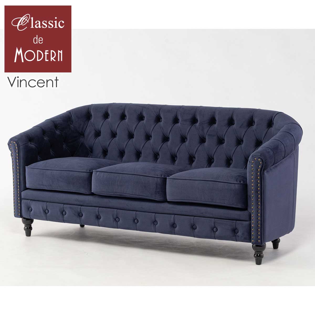 輸入家具 ソファー 3人掛け ヴィンセント コンパクト ソファ ホテル ソファー チェスターフィールド ソファ 三人掛け チェスターフィールドソファ 三人用 長椅子 ヴィンテージ ビンテージ レトロ アンティーク イギリス おしゃれ ネイビー ファブリック 青 クール VL3F253K