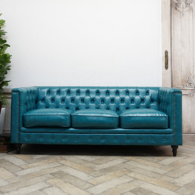 輸入家具 デザイナーズ エメラルド ブルー 合皮 PUレザー そふぁ ソファー ソファ 3人掛け 3シーター 家具 かわいい アンティーク調 チェスターフィールド 三人用 ソファ Vincent(ヴィンセント) VM3P70K ワンルーム ソファー アンティーク風ソファ専門店 クラシックデモダン [2]