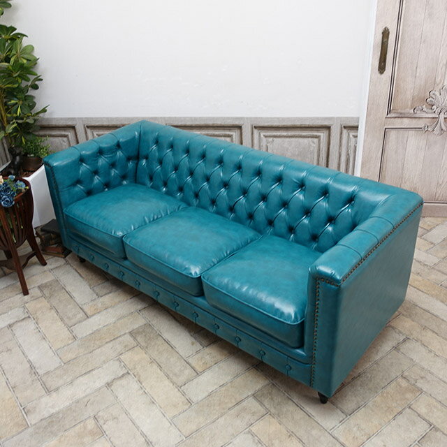 輸入家具 デザイナーズ エメラルド ブルー 合皮 PUレザー そふぁ ソファー ソファ 3人掛け 3シーター 家具 かわいい アンティーク調 チェスターフィールド 三人用 ソファ Vincent(ヴィンセント) VM3P70K ワンルーム ソファー アンティーク風ソファ専門店 クラシックデモダン [3]