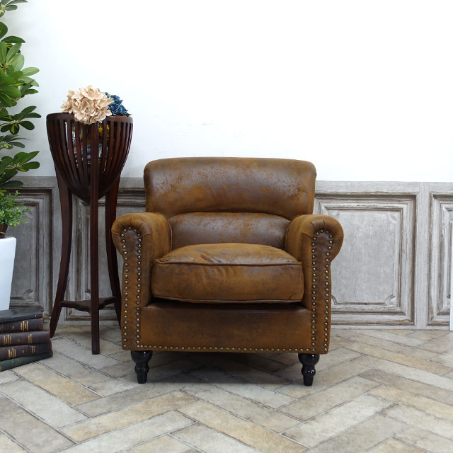 輸入家具 ソファー ソファ 1人掛け パーソナルソファ 一人用 ヴィンテージ 英国 イギリス レトロ おしゃれ かわいい アンティーク 美容室 ホテル デザイナーズ 店舗 什器 ヴィンセント VIncent シングルソファ アームソファ レザー風 ファブリック VN1P30K