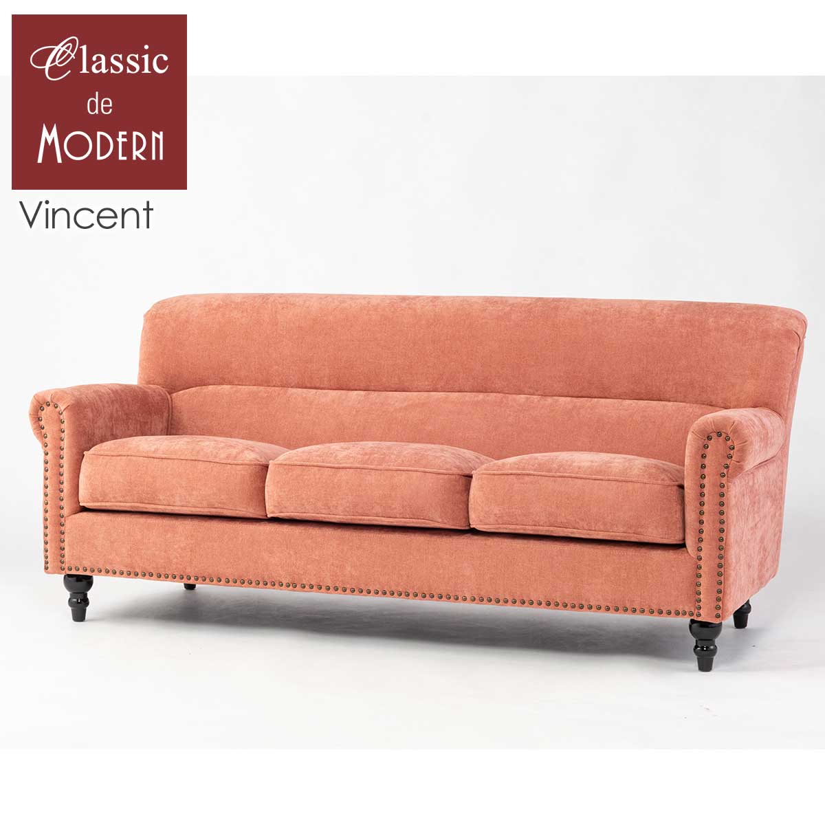 輸輸入家具 ソファー ソファ 3人掛け パーソナルソファ 三人用 ヴィンテージ 英国 イギリス レトロ おしゃれ かわいい アンティーク 美容室 ホテル デザイナーズ 店舗 什器 ヴィンセント VIncent トリプルソファ アームソファ サーモンピンク ファブリック VN3F263K