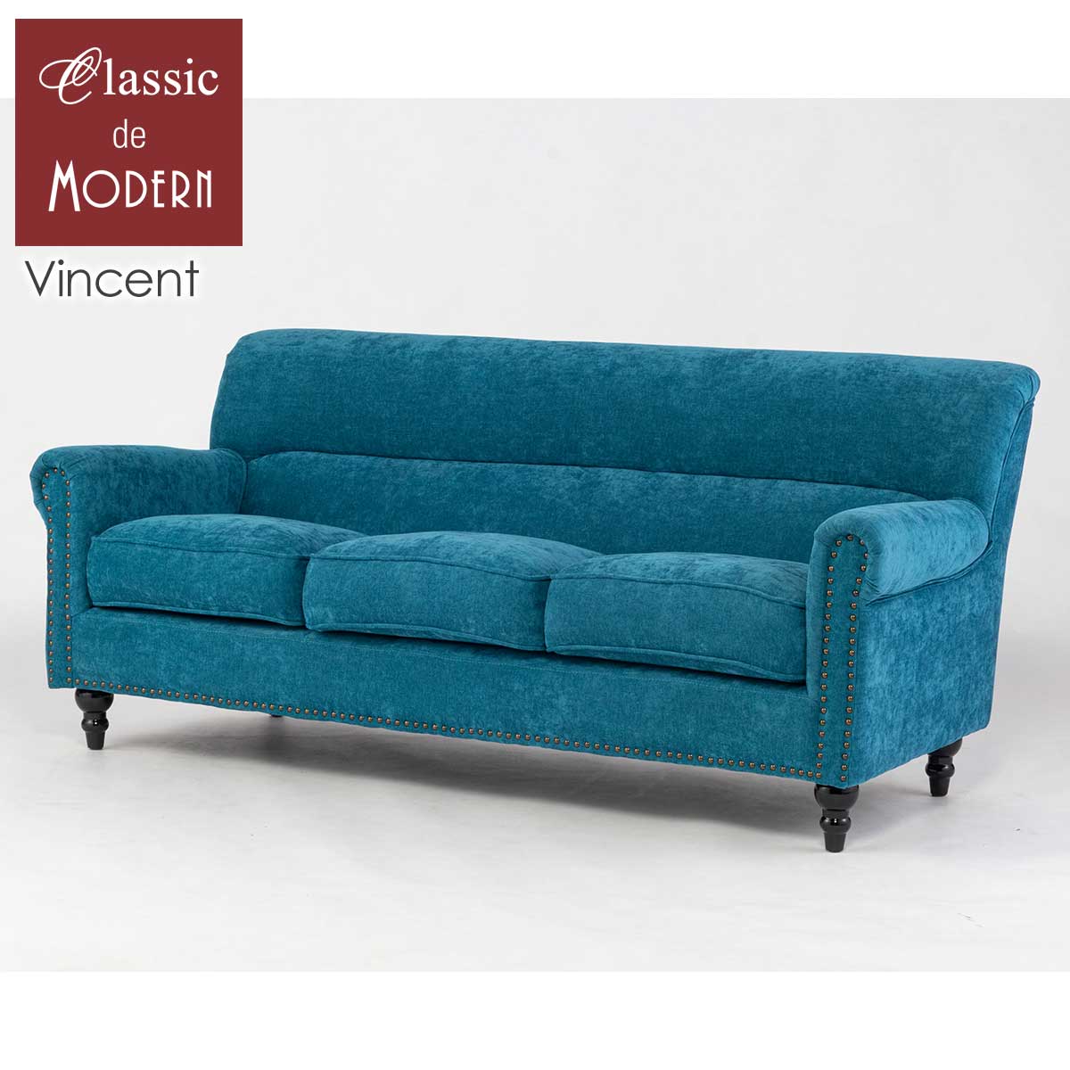 輸輸入家具 ソファー ソファ 3人掛け パーソナルソファ 三人用 ヴィンテージ 英国 イギリス レトロ おしゃれ かわいい アンティーク 美容室 ホテル デザイナーズ 店舗 什器 ヴィンセント VIncent トリプルソファ アームソファ ブルー ファブリック VN3F264K