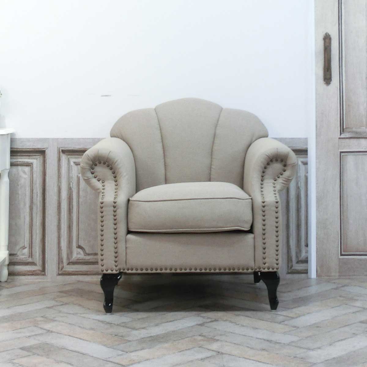 輸入家具 アンティーク ソファ デザイナーズ アンティーク調 1人掛け シングル ソファ シェルファ Shellfa 一人用 パーソナル 貝殻 美容室 撮影什器 ショップ サロン エレガント かわいい おしゃれ 姫系 プリンセス モダンインテリア ベージュ リネン VS1F53K