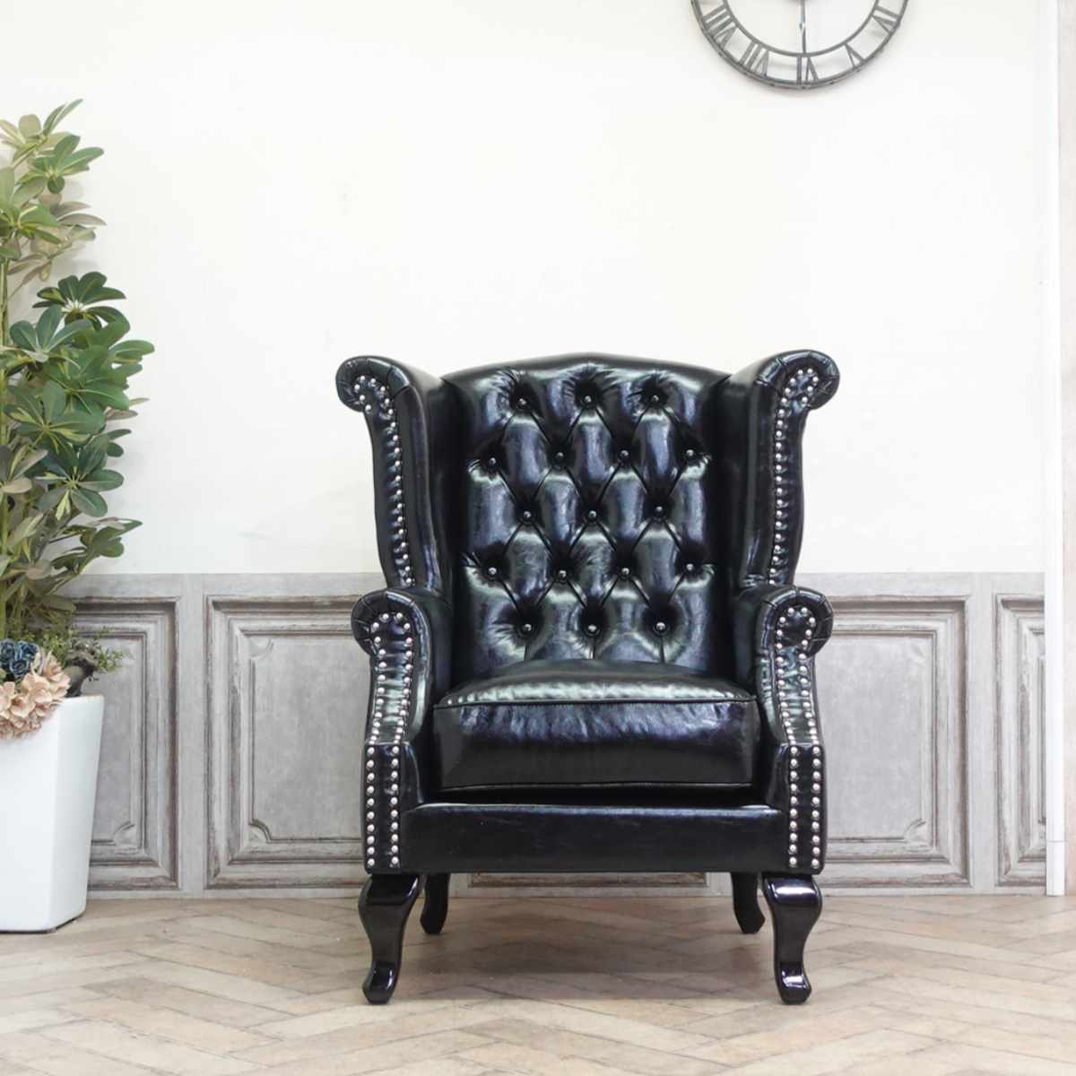 輸入家具 アンティーク ソファー そふぁ ハイバック ソファ 1人掛け 1シーター アンティーク ウィングバックソファ チェスターフィールド ソファ 一人用 英国 イギリス ホテル レストラン ウィングチェア 店舗什器 カフェ フェイクレザー PU 合皮 ブラック 黒 SA925B1-P51K [2]