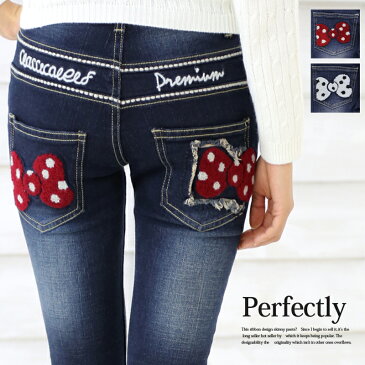 ヒップのりぼんワッペンにクギ付け!オトナ可愛いスキニーデニム★超ストレッチ、美シルエットに自信♪ レディース/デニム/パンツ/スキニー/ジーンズ/リボン【w58〜w92(7L)】 大きいサイズ cl117 15017★ces-amelia★