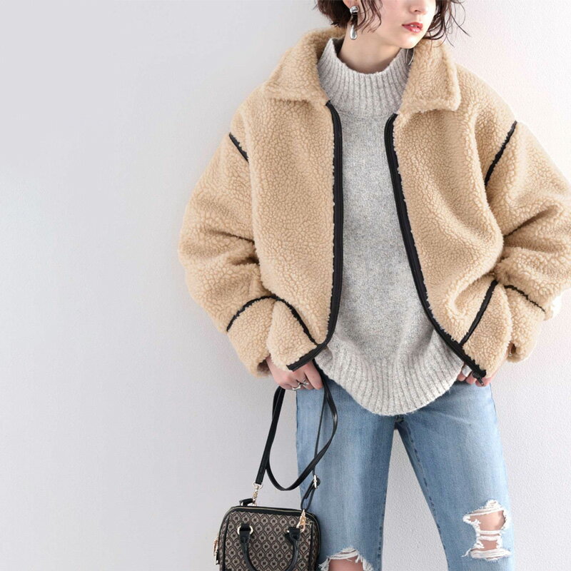 送料無料 レディース アウター コート ジャケット 大きいサイズ オーバーサイズ ゆったり 長袖 ミドル丈 レザー パイピング ステンカラー ボア フライトジャケット ブルゾン ジップ 白 黒 ブラウン M L 秋 冬 2022aw クラシカルエルフ clf029のサムネイル