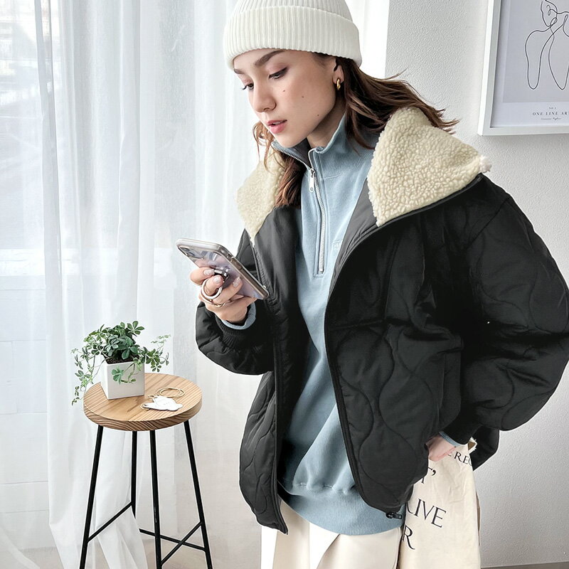 送料無料 コート ジャケット レディース ブルゾン アウター 襟ボア 衿ボア ミリタリー 中綿 波型キルティング キルト 防寒 オーバーサイズ ゆったり 長袖 羽織り 軽量 ミドル丈 ジップアップ 体型カバー 大きいサイズ 秋 冬 2022aw クラシカルエルフ ce0420118のサムネイル