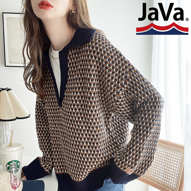 《javaジャバ コラボ》 送料無料 トップス ニット レディース カラフル レトロ ムード ざっくり編み ジャガード スキッパーニット プルオーバー 長袖 襟付き 深め Vネック レイヤード 秋 冬 2022aw クラシカルエルフ jv0420008のサムネイル