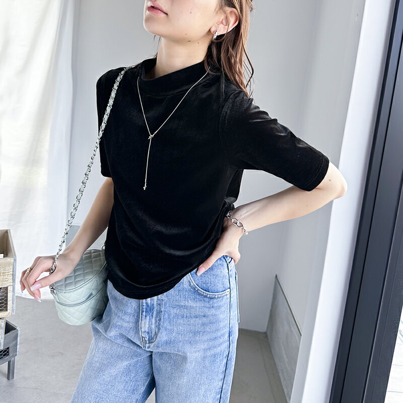 送料無料 トップス Tシャツ レディース カットソー ベロア素材 モックネック 半袖 光沢感 ヌーディーカラー 程よい フィット感 コンパクト 華奢見え レイヤードコーデ 大きいサイズ 春 夏 2024ss クラシカルエルフ ce1020098のサムネイル