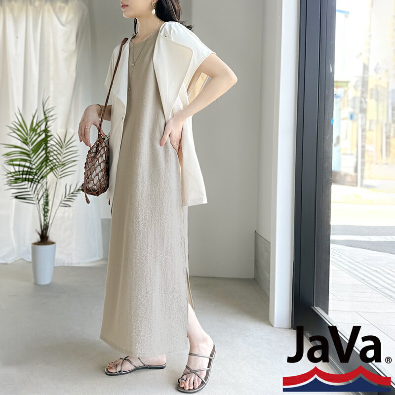 《java ジャバコラボ》 送料無料 ワンピース レディース シボ感 クレープ素材 フレンチスリーブ シンプル Iライン ロング丈 サイドスリット ゆったり リラクシー シルエット 大きいサイズ 春 夏 2023ss クラシカルエルフ jv1110037のサムネイル