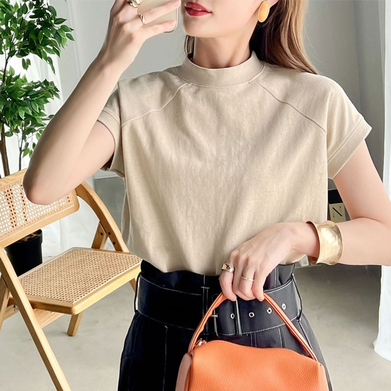 【sustaina+】送料無料 トップス tシャツ レディース カットソー 綿100％ USAコットン フレンチ モックネック ラグラン ヘビーウェイト 厚手 無地 オーバーサイズ ゆったり 半袖 インナー 大きいサイズ 春 夏 2023ss クラシカルエルフ ce0785015のサムネイル