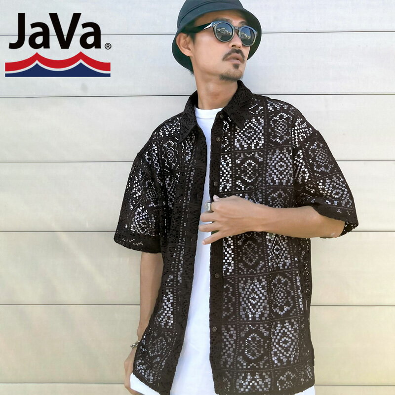 \先着順/24H限定 【全品15%OFFクーポン】 《java ジャバコラボ》トップス シャツ メンズ レトロ ブラウス クロシェ風 ブロック 刺繍 レース 男...