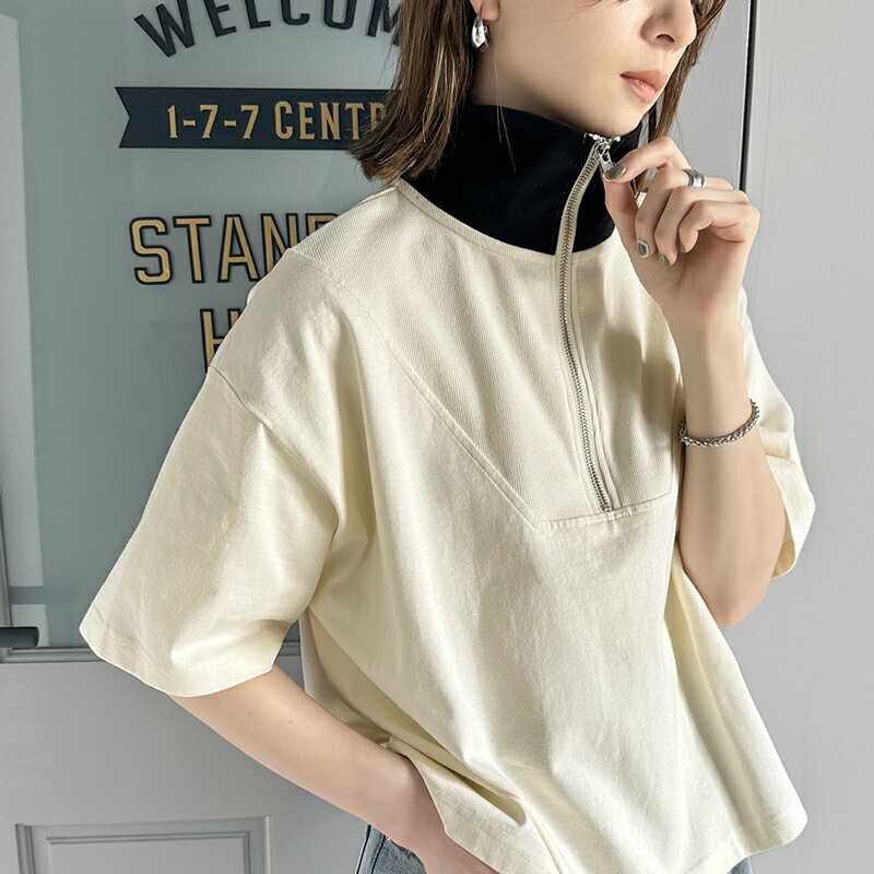 【ms+ ideal】 送料無料 トップス Tシャツ レディース コットン100％ ハーフジップ プルオーバー 二の腕カバー ゆったり ビッグシルエット レイヤードコーデ 大きいサイズ 春 夏 2023ss クラシカルエルフ ms1160036のサムネイル
