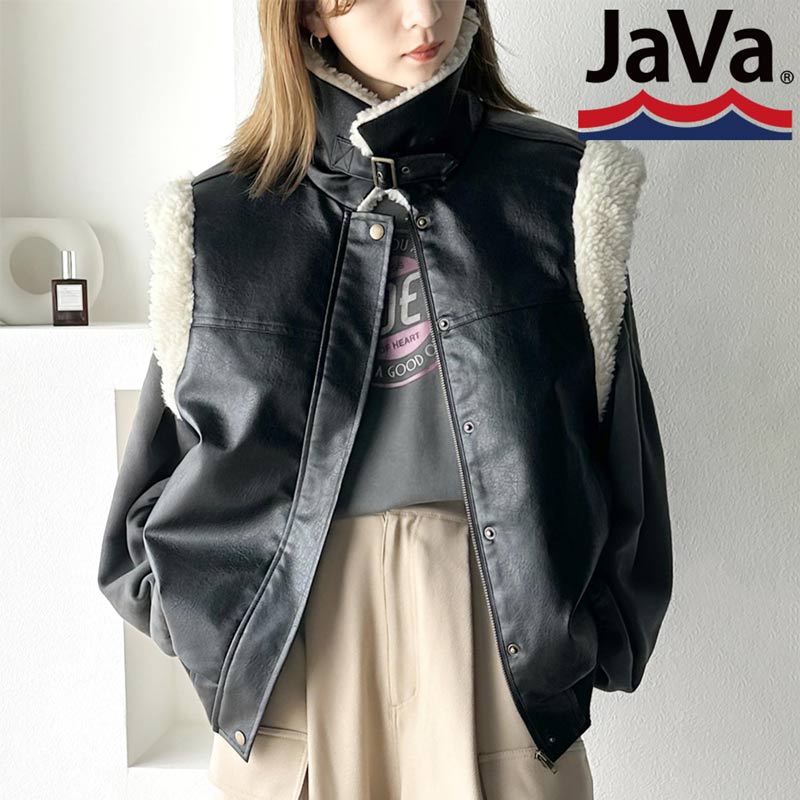 《javaジャバ コラボ》送料無料 トップス ベスト レディース ジレ アウター 羽織り ジャケット 衿ボア 襟ボア フェイクレザー 合皮 中綿 スタンドカラー オーバーサイズ ゆったり 袖なし 大きいサイズ 秋 冬 2023aw クラシカルエルフ jv1010236のサムネイル