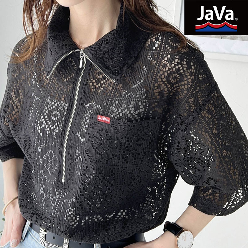 《JaVa ジャバコラボ》送料無料 トップス Tシャツ レディース ハーフジップ クロッシェ風 パネルレース シアー サイドスリット 胸ポケット 半袖 レイヤード コーデ ゆったり 大きいサイズ 春 夏 2024ss クラシカルエルフ jv1070096