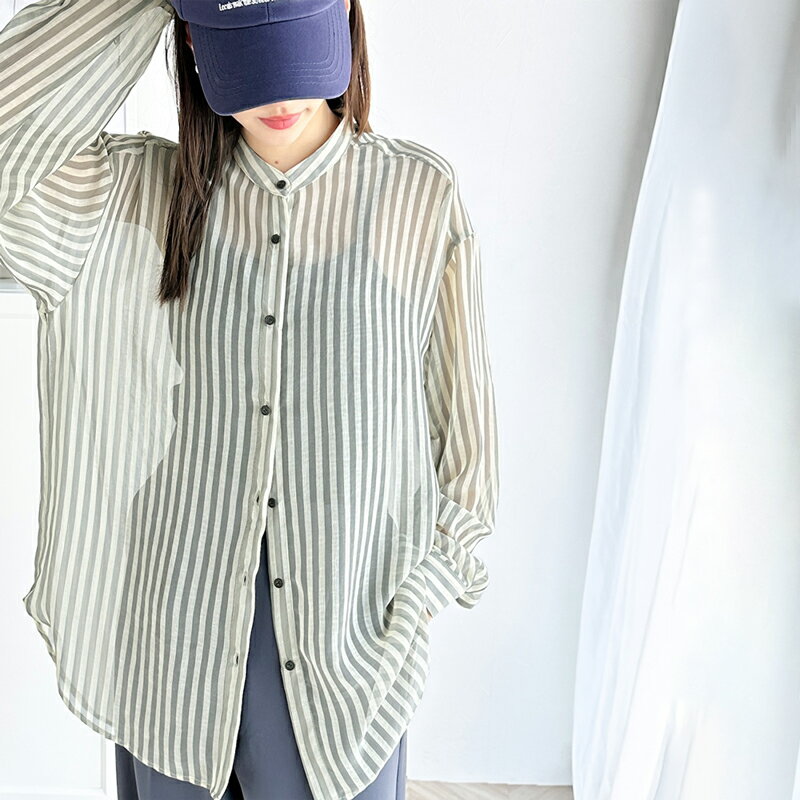 送料無料 トップス シャツ レディース シアー素材 バンドカラー ストライプ ブラウス レイヤードコーデ ゆったり ビッグシルエット 体型カバー 羽織り ロングシーズン 大きいサイズ 春 夏 2024ss クラシカルエルフ ce1110081のサムネイル