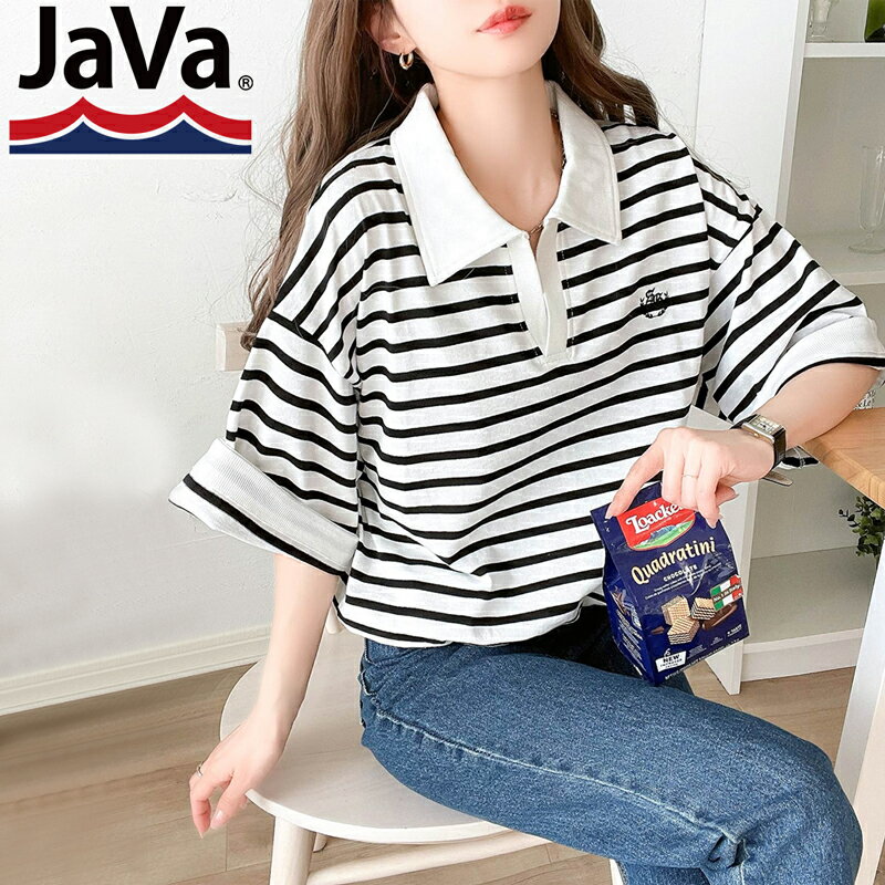 《java ジャバコラボ》 送料無料 トップス Tシャツ レディース レトロ 風 配色 胸 刺繍 スキッパー 襟 半袖 プルオーバー 袖 折り返し 仕様 着回し ゆるっと オーバーシルエット 大きいサイズ 春 夏 2024ss クラシカルエルフ jv1010285のサムネイル