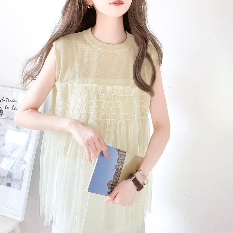 【mily bilet】 送料無料 トップス Tシャツ レディース チュール フリル使い ノースリーブ シアー ニット ゆるっと オーバーサイズ レイヤードコーデ 着回し 大きいサイズ 春 夏 2024ss クラシカルエルフ mi1149052のサムネイル