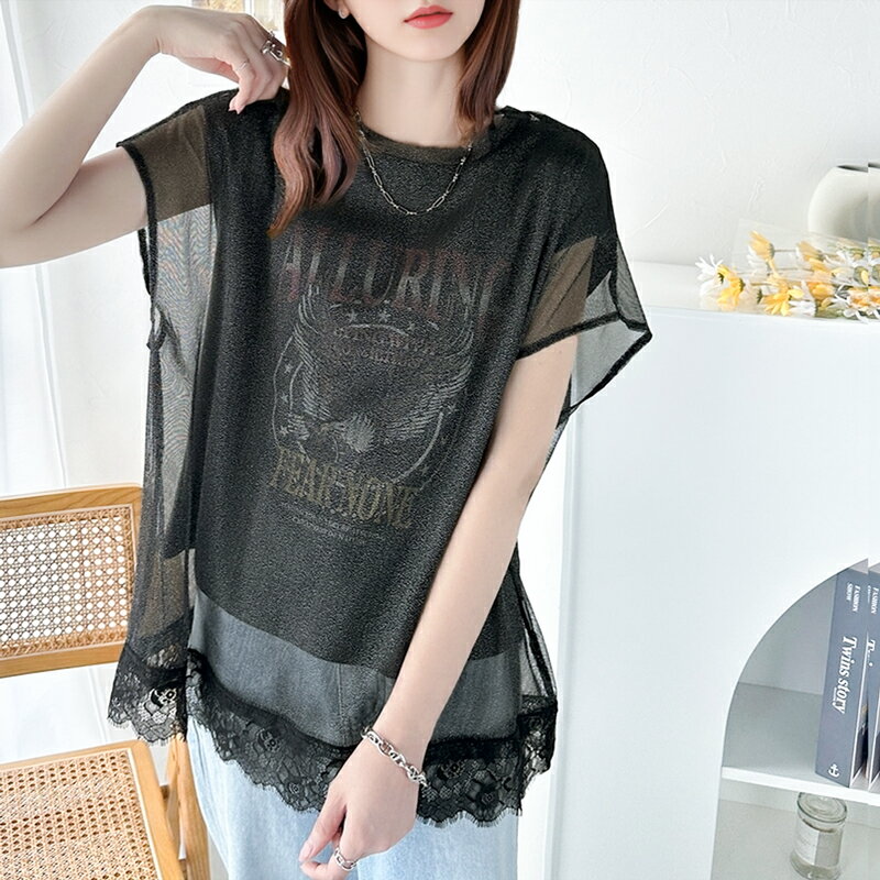 【 64%OFF ★ 今ならさらにまとめ買いクーポンで最大25％OFF】 送料無料 トップス Tシャツ レディース レース ラメ シアー レース チュール グラフィックプリント 天竺 素材 Tee 体型カバー セット 春 夏 2024ss クラシカルエルフ ce1010305のサムネイル