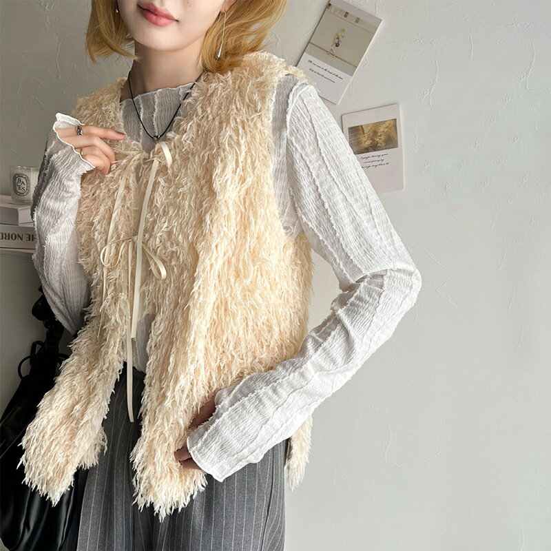 送料無料 トップス ベスト レディース 前後 2way リボン付き 配色 ランダム 刺繍 シャギーファーベスト ゆるっと オーバーサイズ レイヤードコーデ ロングシーズン 大きいサイズ 秋 冬 2024aw クラシカルエルフ ce1010331のサムネイル