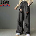 【送料無料】 《javaジャバコラボ》 ボトムス パンツ レディース アシメトリー ウエスト デザイン クラッシュ 加工 ヴィンテージライク ダメージ ワイド ...